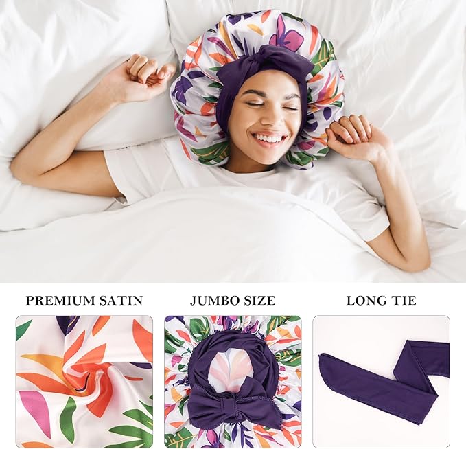 3Pcs Bonnets for Sleeping, Extra Satin Silk Bonnet for Sleeping Women with Tie Band for Curly Hair Jumbo Bonnet Braids