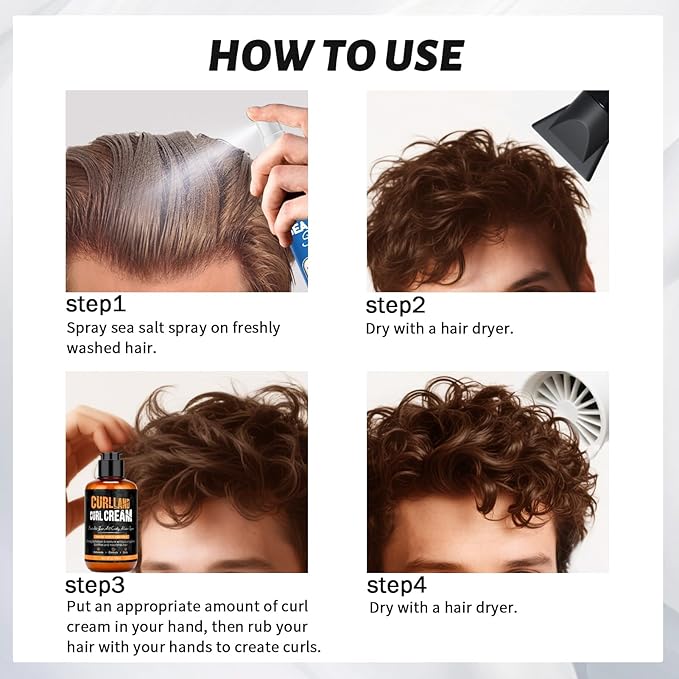 Curl Cream for Men Hair Styling Cream For Wavy and Curly - Mens Curly Hair Products Defines Curls, Tames Frizz, Adds Smoothness and Texture for Curl Without Crispiness - Sea Salt Spray Hold Beach Easy