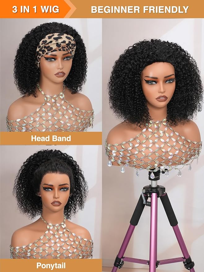 Kinky Curly Half Wig Human Hair 200% Density Wear Go Glueless Wigs Human Hair 3 In 1 Drawstring Seamless Flip Over Wig for Women Daily Wear Headband Wig Beginner Friendly Black (20inch)