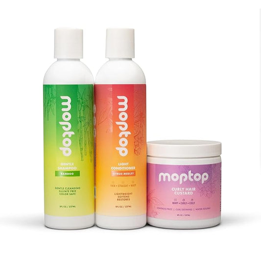 MopTop Gentle Shampoo + Light Conditioner + Curly Hair Gel for Curly, Wavy, and Coily Hair, Color Safe, Moisturizing Womens Hair Care