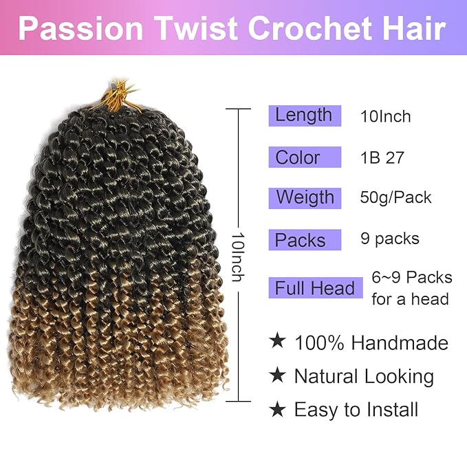 Ombre Color Passion Twist Crochet Hair for Women 9 Packs 10 Inch Water Wave Short Twist Crochet Hair Curly Pre-looped Braiding Hair Extensions For Butterfly Locs Braids 1b27