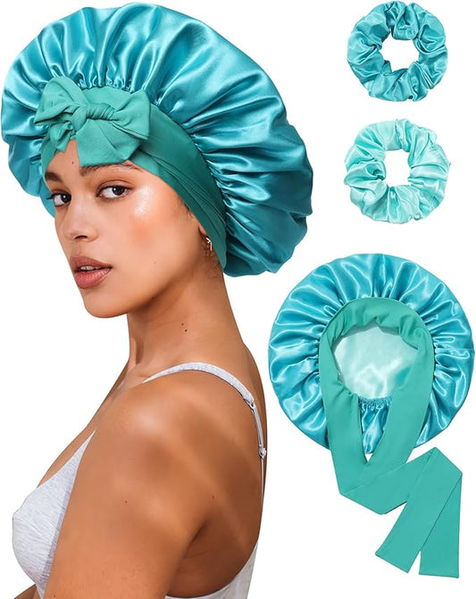 Reversible Satin Bonnet for Sleeping Women Double Layer Hair Bonnet with 2PCS Hair Scrunchies Elastic Tie Band Night Cap