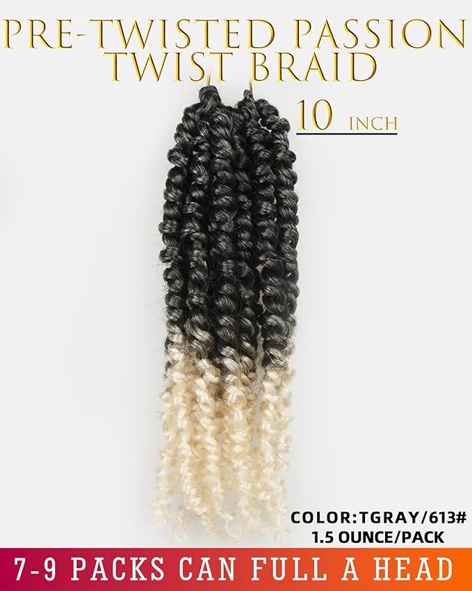 10 Inch 8 Packs Pretwisted Pre Looped Passion Twist Crochet Hair-Ombre Grey to Blonde Off-white,3 Tones Super Soft&Bouncy Synthetic Braided Hair Extensions(10 Inch-8 Packs,Gray/27/613)