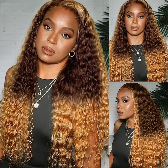 MEGOOD 250% Density 13x6 Highlight Ombre Lace Front Wig Human Hair 13x6 HD Honey Blonde 4/27 Curly Wig Human Hair Pre Plucked Deep Wave Lace Front Wigs Human Hair Colored Wigs 20Inch