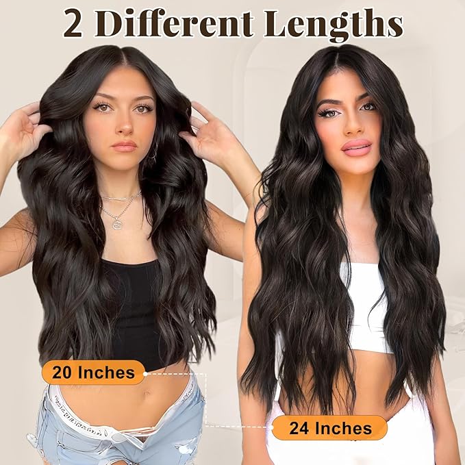 ALXNAN Clip in Long Wavy Synthetic Hair Extension 4PCS 24 Inch Dark Brown Thick Hairpieces Fiber Double Weft Hair for Women
