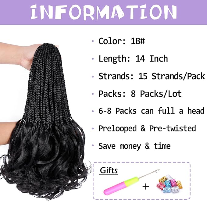 French Curl Crochet Braids 14 Inch Goddess Box Braids Crochet Hair for Women 8 Packs Pre Looped Crochet Box Braid with Curly Ends Synthetic French Curly Braiding Hair Extensions (1B#)
