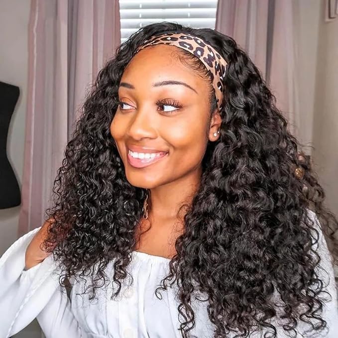 ISEE Headband Human Hair Wigs 180% Density Water Wave Curly None Lace Front for Black Women Glueless Deep Wave Machine Made Wigs 22Inch