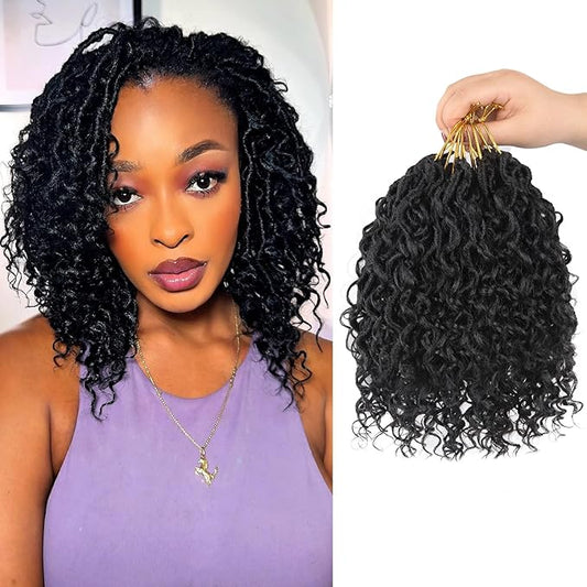 Goddess Locs Crochet Hair 8 Inch 9 Packs Faux Locs Synthetic Crochet Hair for Black Women, Boho Style Pre looped crochet with Curly Ends 1B