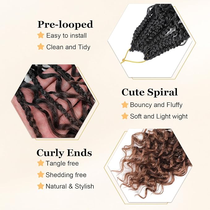 14 Inch Goddess Box Braids Crochet Hair Curly Ends 9 Packs Pre Looped Boho Crochet Box Braids Bohemian Box Braid Crochet Hair For Black Women (14Inch 9 Packs,1B/4/30)