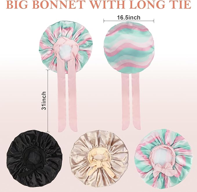 3Pcs Bonnets for Sleeping, Extra Satin Silk Bonnet for Sleeping Women with Tie Band for Curly Hair Jumbo Bonnet Braids
