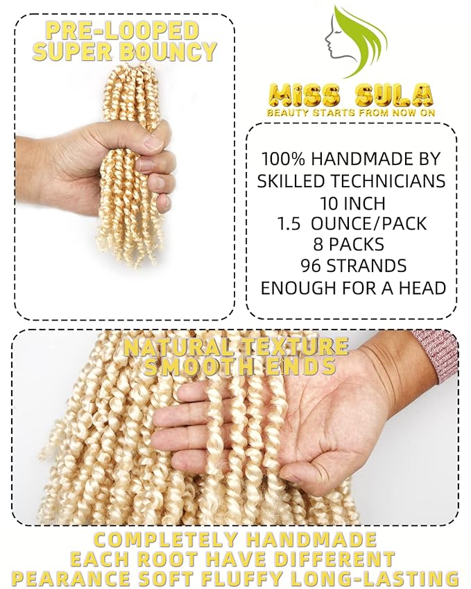 10 Inches 8 Packs Pre Looped Pretwisted Passion Twist Crochet Hair,Blonde Off-white,Soft Hair Extensions Braided by Synthetic Spring Kinky Twist Bohemian Curls(10"-8 Packs,613#)