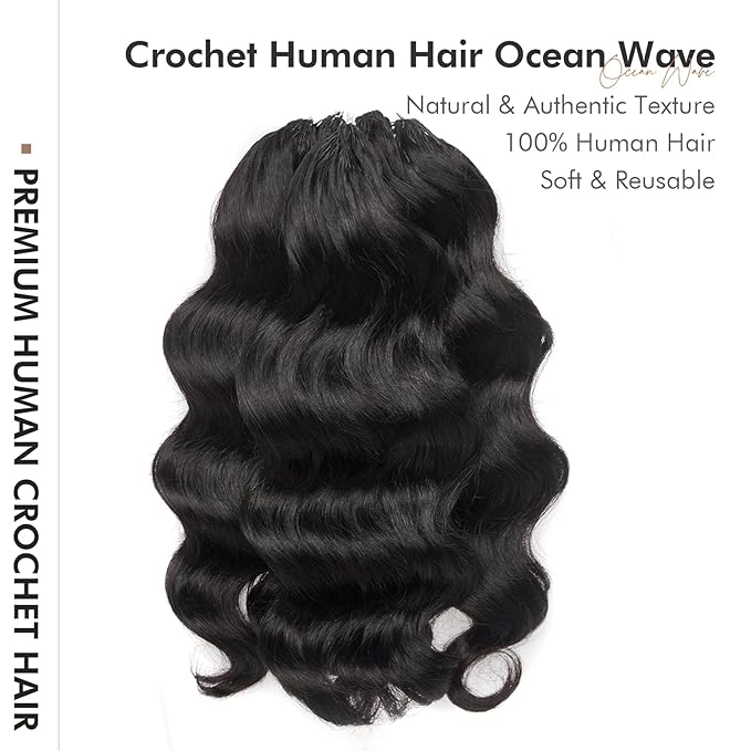 ToyoTress Feather Crochet Human Hair - 12 Inch 250G Ocean Wave Crochet Human Hair For Black Women Natural Color Invisible Knotless Water Deep Braiding Hair (12 Inch, 1B-250G)