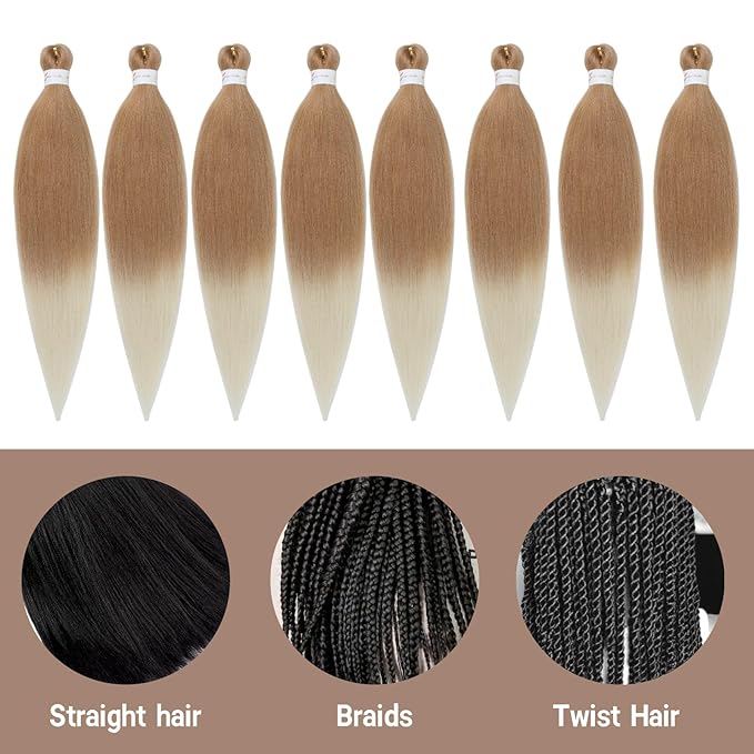 Pre Stretched Braiding Hair,Professional Hair Extensions Hot Water Setting Synthetic Fiber Crochet Twist Braids(24Inch,27/613#)