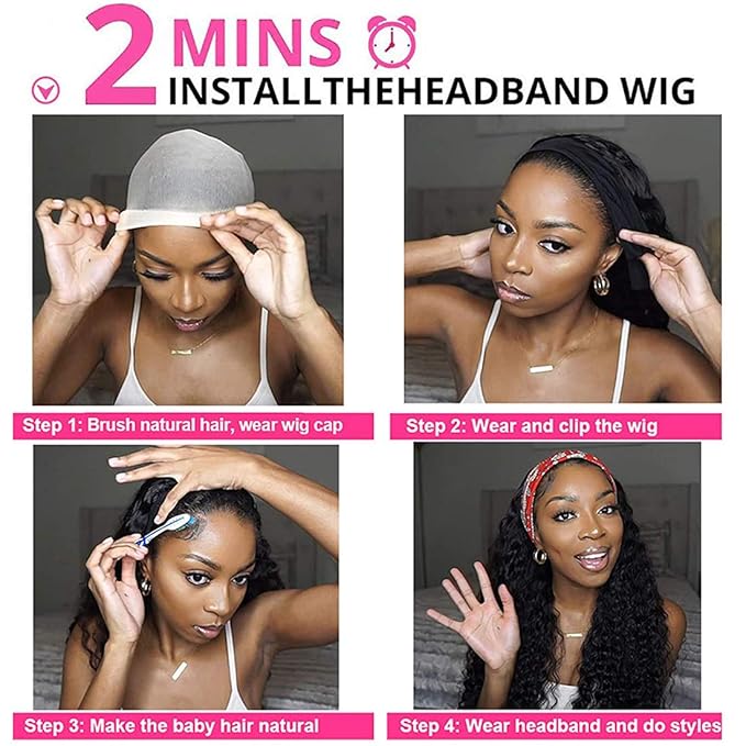 HUman Hair Headband Wigs Glueless Deep Wave None Lace Front Wigs Brazilian Virgin Human Hair for Black Women 150% Density 16inch