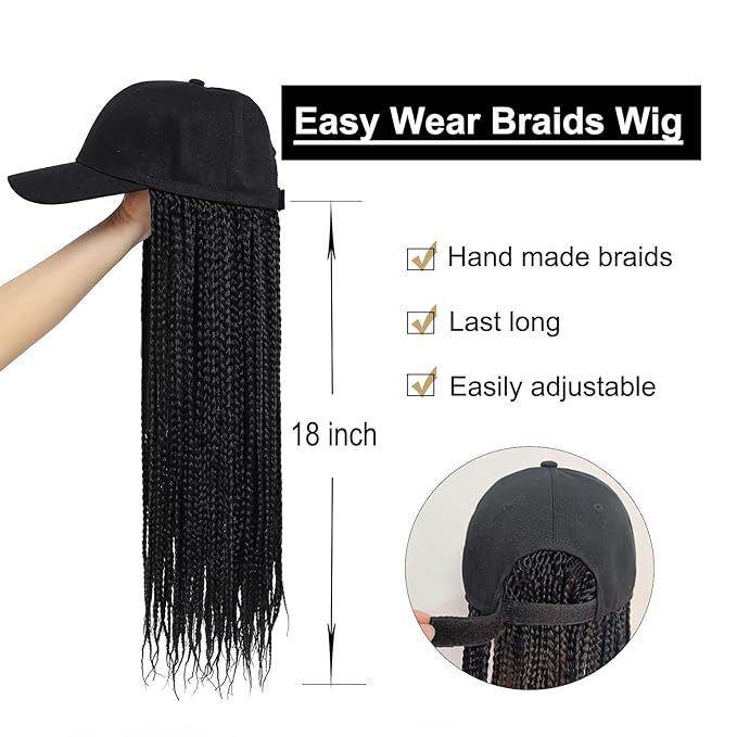 Hat Wig for Women Baseball Cap with Braided Hair Attached Synthetic Box Braid Wig Hat Adjustable Black Cap with Black Braids for Daily Outdoor Use