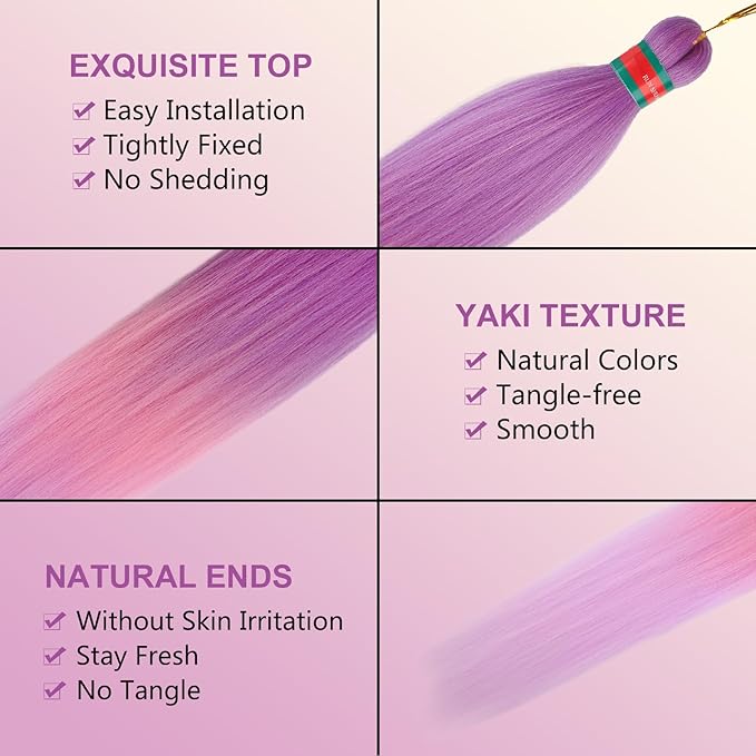 Purple/Pink Pre stretched Braiding Hair 2 Packs Pre feathered Braid Hair Extensions 30 Inches Synthetic Hair Braids