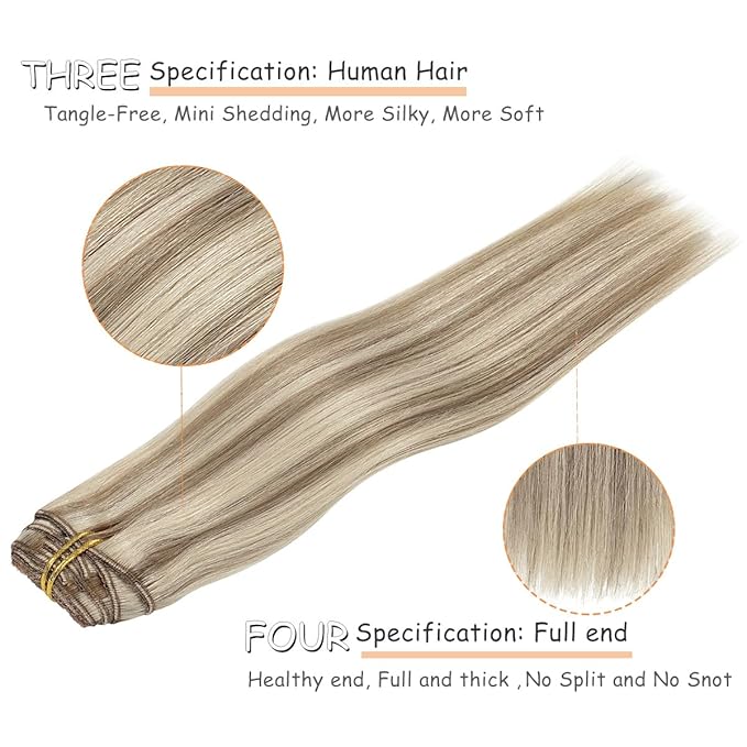 Caliee Hair Extensions Clip in Real Human Hair P18/613 Ash Blonde Highlighted Bleach Blonde Clip in Hair Extensions Double Weft Lace 7 PCS Straight 14 Inch Long Straight