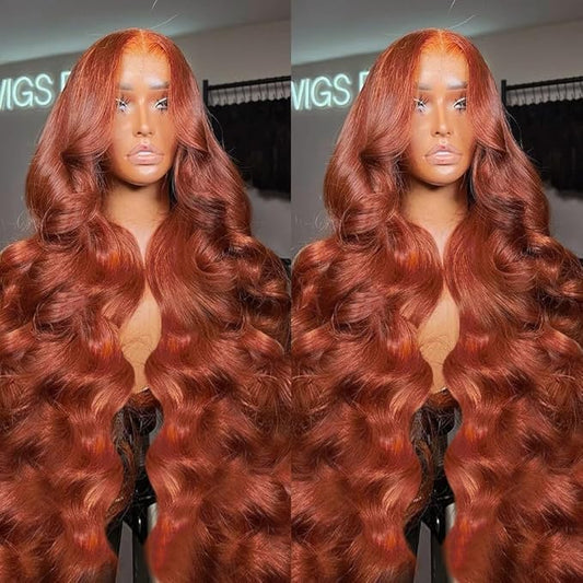 200 Density 13x6 Reddish Brown Lace Front Wigs Human Hair Pre Plucked 13x6 HD Transparent Body Wave Lace Front Wigs Human Hairs With Baby Hair Ginger #33 Colored Human Hairs Wig For Women (30 Inch)