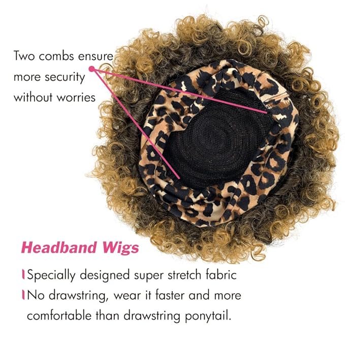 Afro Headband Wig Short Afro Kinky Curly Wigs for Black Women Glueless Afro Wigs with headbands attached Synthetic with 2 Clips(T1B/27)