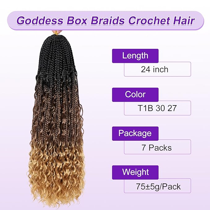 Eacia Goddess Box Braids Crochet Hair 24 Inch 7 Packs Pre Looped Ombre Crochet Hair with Curly Ends Boho Box Braids for Women(24 Inch, T1B/30/27#)