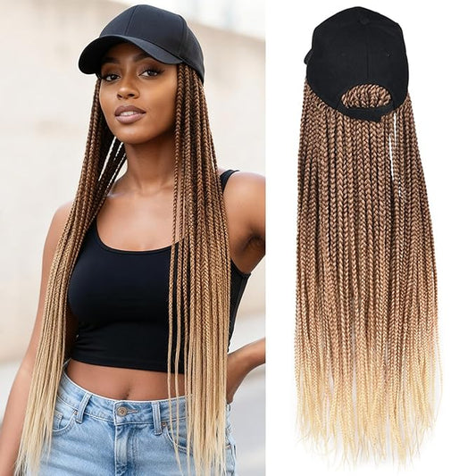 Hat Wig for Women Baseball Cap with Braided Hair Attached 24inch long Synthetic Box Braid Wig Hat Adjustable Cap with ombre brown blonde light blonde Braids for Daily Outdoor Use(B-70)