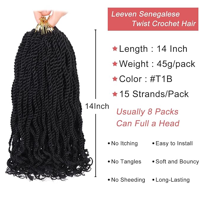 Leeven 8 Packs Wavy Senegalese Twist Crochet Hair with Curly Ends, 14 Inch Black Pre Looped Short Crochet Braids, Pre Twisted Small Hanava Twist, Synthetic Braiding Hair for Women Girl Kids