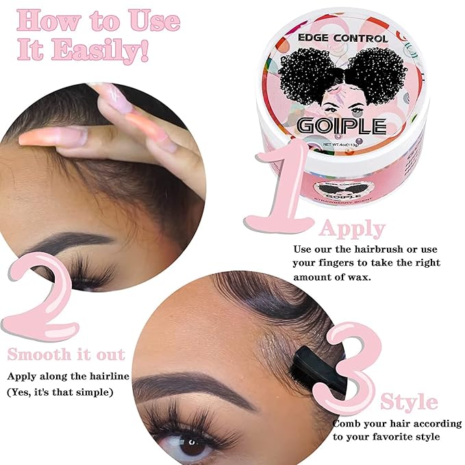 Goiple Edge Control Wax for Women - Strong Hold, Non-greasy Smoother, Strawberry Scent (4oz + Edge Scarf + Hair Bonnet + 2 Edge Brushes)