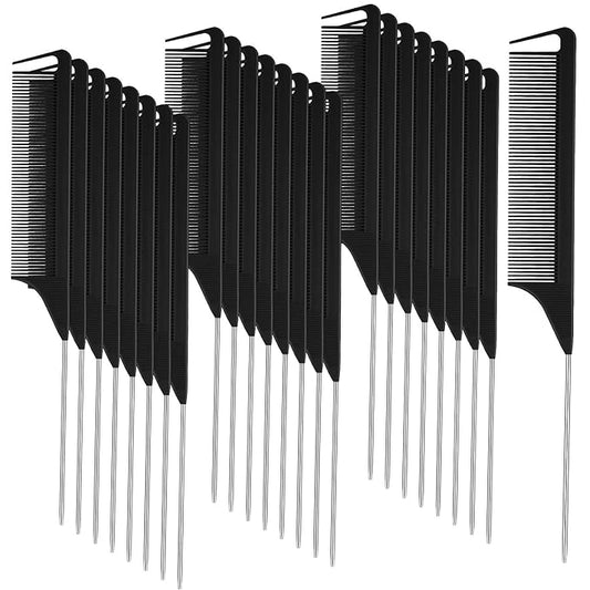 Patelai 30 Pieces Rat Tail Combs Bulk, Hair Teasing Fine Tooth Pintail Combs Braiding Hair Styling Tools with Steel Pin for Stylists Salon Teasing Sectioning Coloring Detangling(Black, Silver)