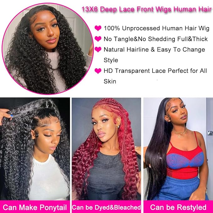 Hswpawk 13x6 Deep Wave Lace Front Wig Human Hair HD Transparent Pre Plucked 180% Density Glueless With Baby Hair Natural Hairline Deep Curly 32 Inch