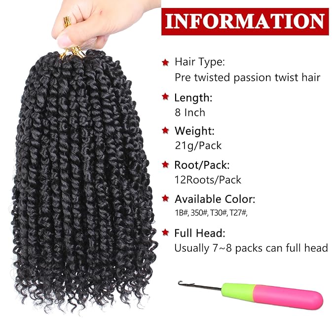 Xtrend 8 Packs Pre-twisted Passion Twist Crochet Hair 8 Inch Natural Black Pre-looped Crochet Braids Hair For Women Bohemian Synthetic Passion Braiding Hair Extension (8packs, 1B#)