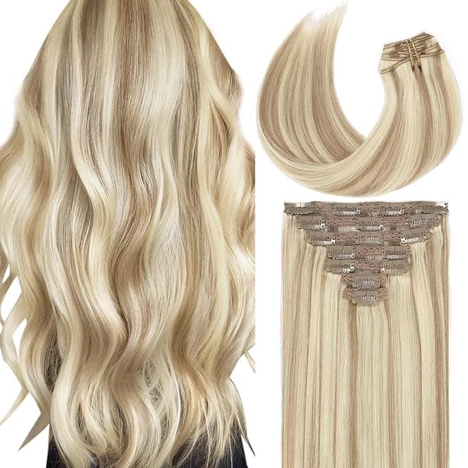 Caliee Piano Golden Brown #10 Mixed Bleach Blonde #613 Seamless Clip in Hair Extensions Double Weft Lace Invisible Silky Straight Remy Hair Extensions Clip in Human Hair 140G 20 Inch