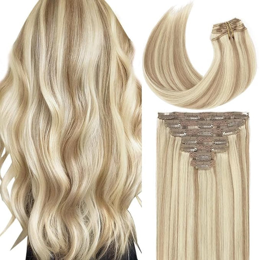 Caliee Piano Golden Brown #10 Mixed Bleach Blonde #613 Seamless Clip in Hair Extensions Double Weft Lace Invisible Silky Straight Remy Hair Extensions Clip in Human Hair 140G 20 Inch