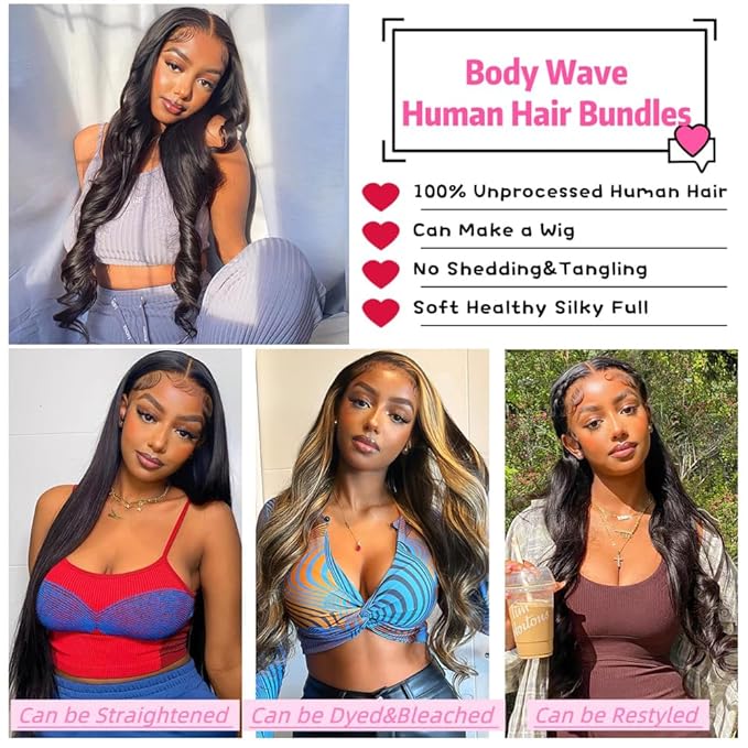 YISEA Body Wave Bundles with Closure 100% Unprocessed Brazilian Virgin Human Hair 4 Bundles with 4x4 Lace Closure（24 26 28 30+22）Body Wave Hair Free Part Natural Black Color