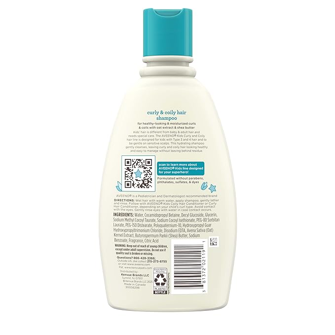 Aveeno Kids Curly & Coily Hair Shampoo, Hydrating Shampoo for Type 3 & 4 Hair, Kids Curly Hair Products suitable for Sensitive Scalps with Oat Extract & Shea Butter, Paraben-Free, 12 fl. oz