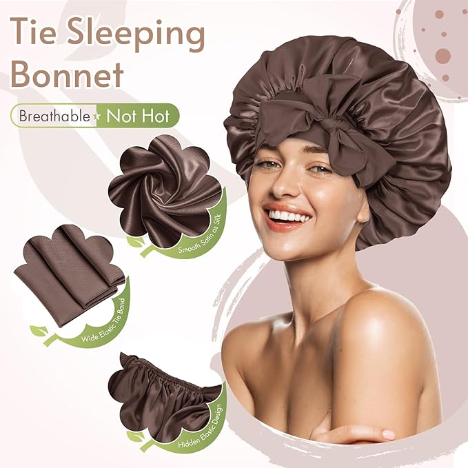 BONNET QUEEN Silk Bonnet for Sleeping Women Satin Bonnet Night Sleep Cap Wrap for Curly Hair with Adjustable Tie Band, Single Layer, Chocolate