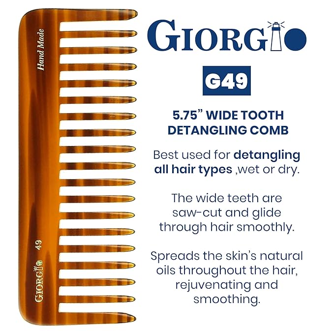 Giorgio G49 Large 5.75 Inch Detangling Comb, Wide Teeth for Thick Curly Wavy Hair. Long Hair Detangler Comb For Wet and Dry. Handmade of Quality Cellulose, Saw-Cut, Hand Polished, Tortoise Shell