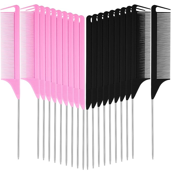 Patelai 30 Pieces Rat Tail Combs Bulk, Hair Teasing Fine Tooth Pintail Combs Braiding Hair Styling Tools with Steel Pin for Stylists Salon Teasing Sectioning Coloring Detangling(Black and Pink)