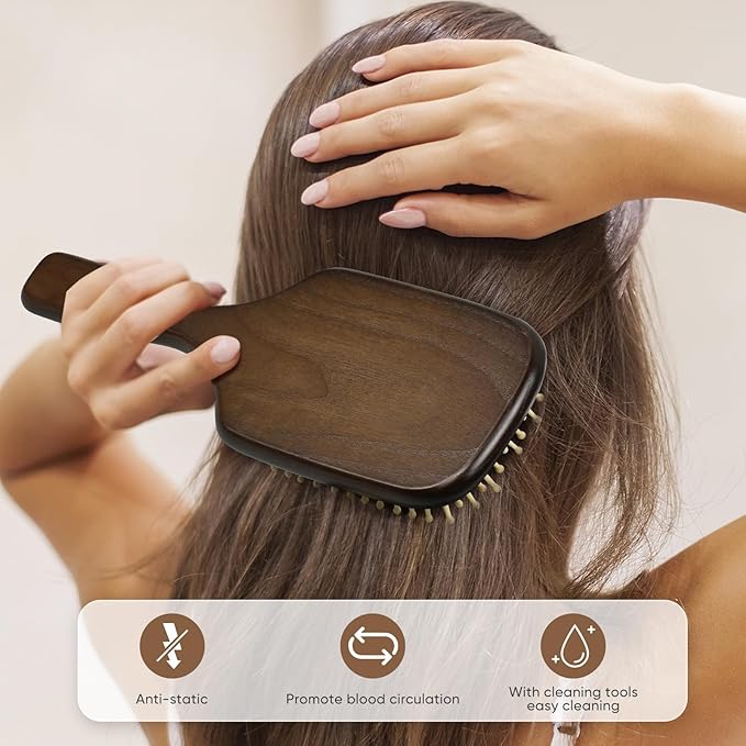100% Natural Wood Hairbrush for Massaging Scalp,for Most Hair Types, Wooden Bristle for Reducing Damage, Scalp Massager Perfect for Women, Men & Kids