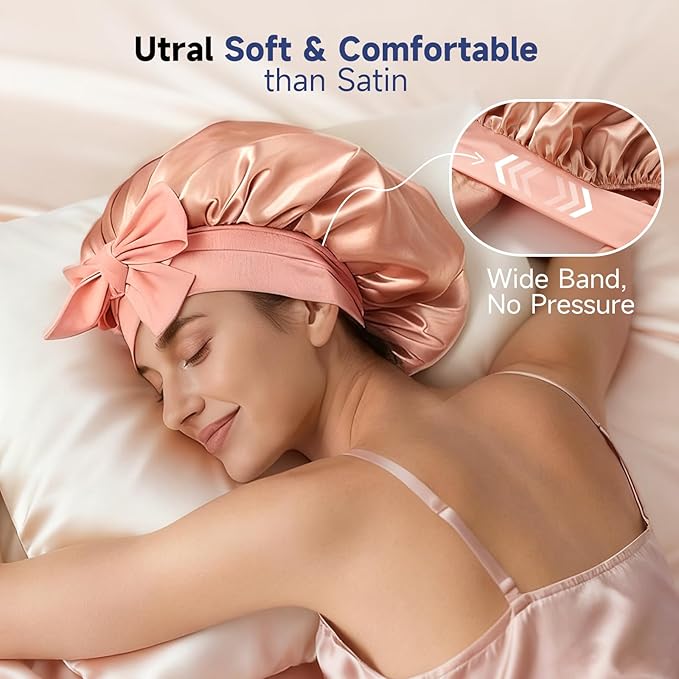 Umisleep Silk Bonnet, Soft Hair Bonnet for Sleeping, Real Mulberry Silk Lining, Bonnets for Women Hair Care, Double Layer Hair Cap with Tie, Large Silk Hair Wrap for Curly Long Hair, Blush Pink