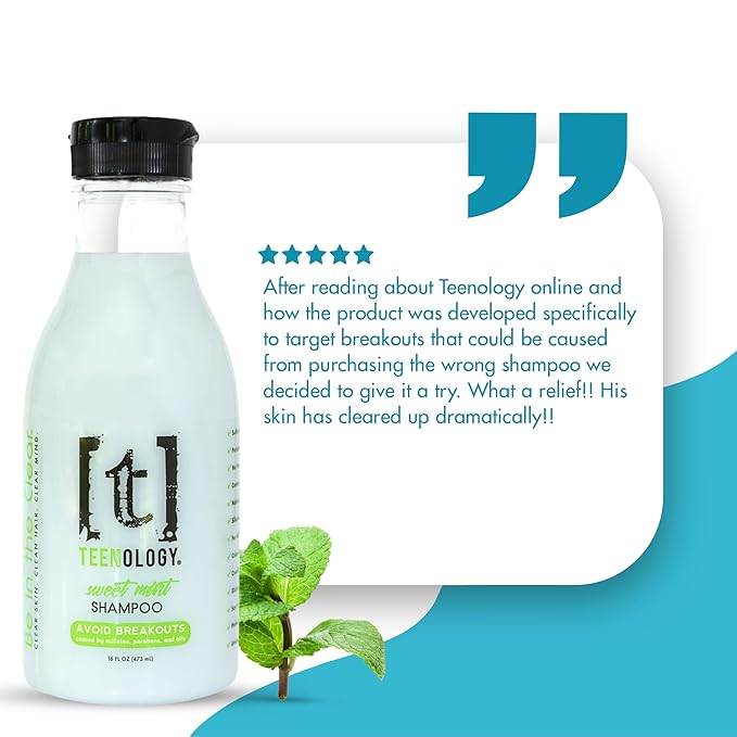 Teenology Teen Shampoo – Avoid Acne Breakouts, Non-Comedogenic, For Dry & Oily Scalps, Sulfate & Paraben Free, Natural Botanical Extracts, for Clear Skin & Healthy Hair, 16 oz – (Mint)