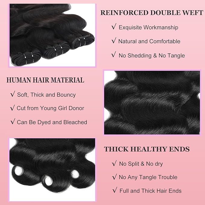 Body Wave Bundles Human Hair Brazilian Hair 3 Bundles Human Hair for Women 22 24 26 Inch 12A Grade 100% Unprocessed Body Wave Bundles Hair Extensions Natural Black