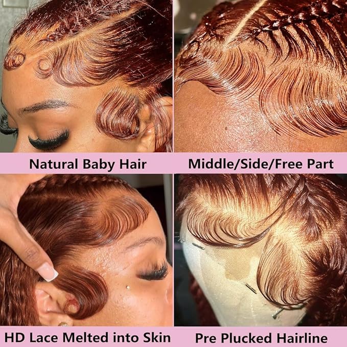 MEGOOD 13x4 Deep Wave Reddish Brown Lace Front Wigs Human Hair Reddish Brown Curly Human Hair Wig 200 Density 33# 13x4 HD Lace Frontal Wigs Human Hair Pre Plucked For Women Brown Wig 18 Inch