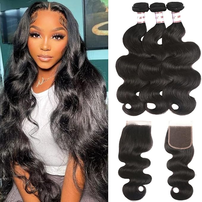 Karbalu Bundles with Closure Brazilian Body Wave 3 Bundles with Closure Virgin 100% Unprocessed Human Hair Extensions 4x4 Free Part Lace Closure Natural Color (18 20 22+16)