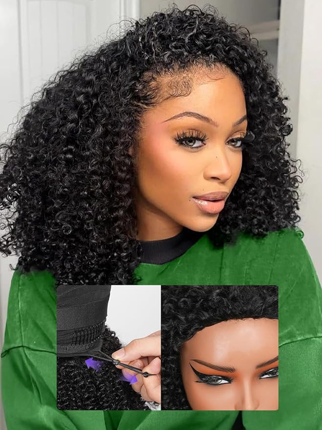 Kinky Curly Half Wig Human Hair 200% Density Wear Go Glueless Wigs Human Hair 3 In 1 Drawstring Seamless Flip Over Wig for Women Daily Wear Headband Wig Beginner Friendly Black (16inch)