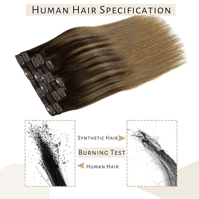 Caliee Clip in Hair Extensions Human Hair 18 Inch Dark Brown to Chestnut Brown Balayage Straight Human Hair Clip in Extensions 110G Ultra Thin PU Weft 7 Pieces