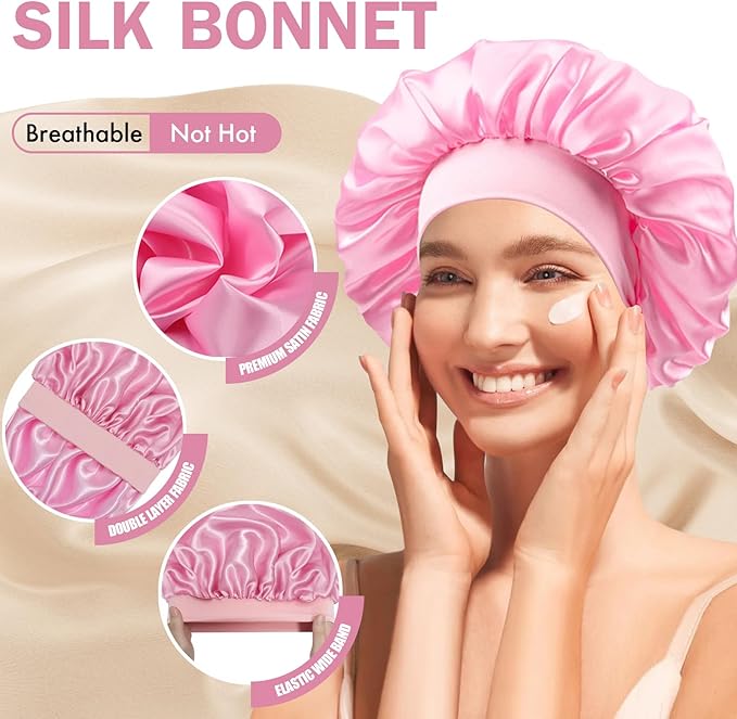 Satin Silk Bonnet for Sleeping, Double Layer Silk Sleep Cap for Men & Women, Soft Satin Lined Bonnet for Curly Hair