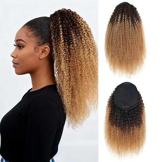 Afro Kinky Curly Ponytail Human Hair 150% Density Brazilian Virgin Hair 4C Afro Puff Drawstring Ponytail Extension for Black Women Dark Brown mix Honey Blone Color （16 Inch 1B4#27）