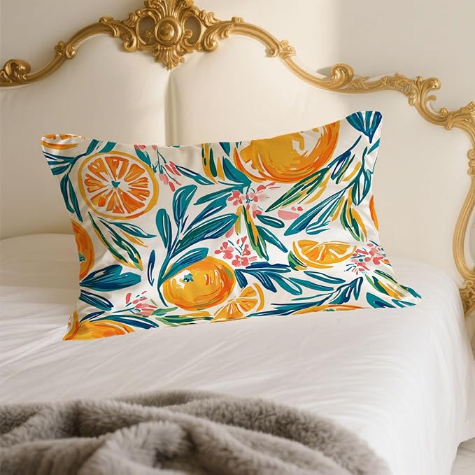 Satin Pillowcase with Zipper for Hair and Skin Abstract Orange and Leaves 1 Pack Soft Silk Pillow Case Standard Size Wrinkle-Free Smooth and Cooling Satin Pillow Cover 20”x26”