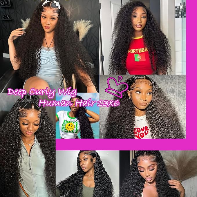 Deep Wave Lace Front Wigs Human Hair 13x6 HD Transparent 34Inch Deep Curly Lace Frontal Wigs Human Hair 210% Density Glueless Wigs Human Hair Natural Color