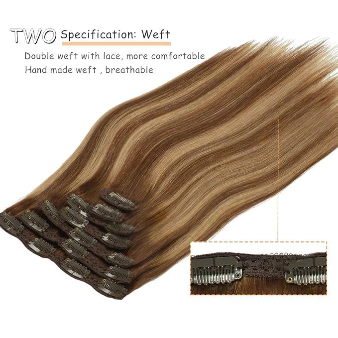 Caliee Clip in Hair Extensions Human Hair R4-4-27 Chocolate Brown Mix Caramel Brown with Brown Roots Thick Soft Remy Hair Extensions Clip in 140 G Lace Weft 22 Inch Long